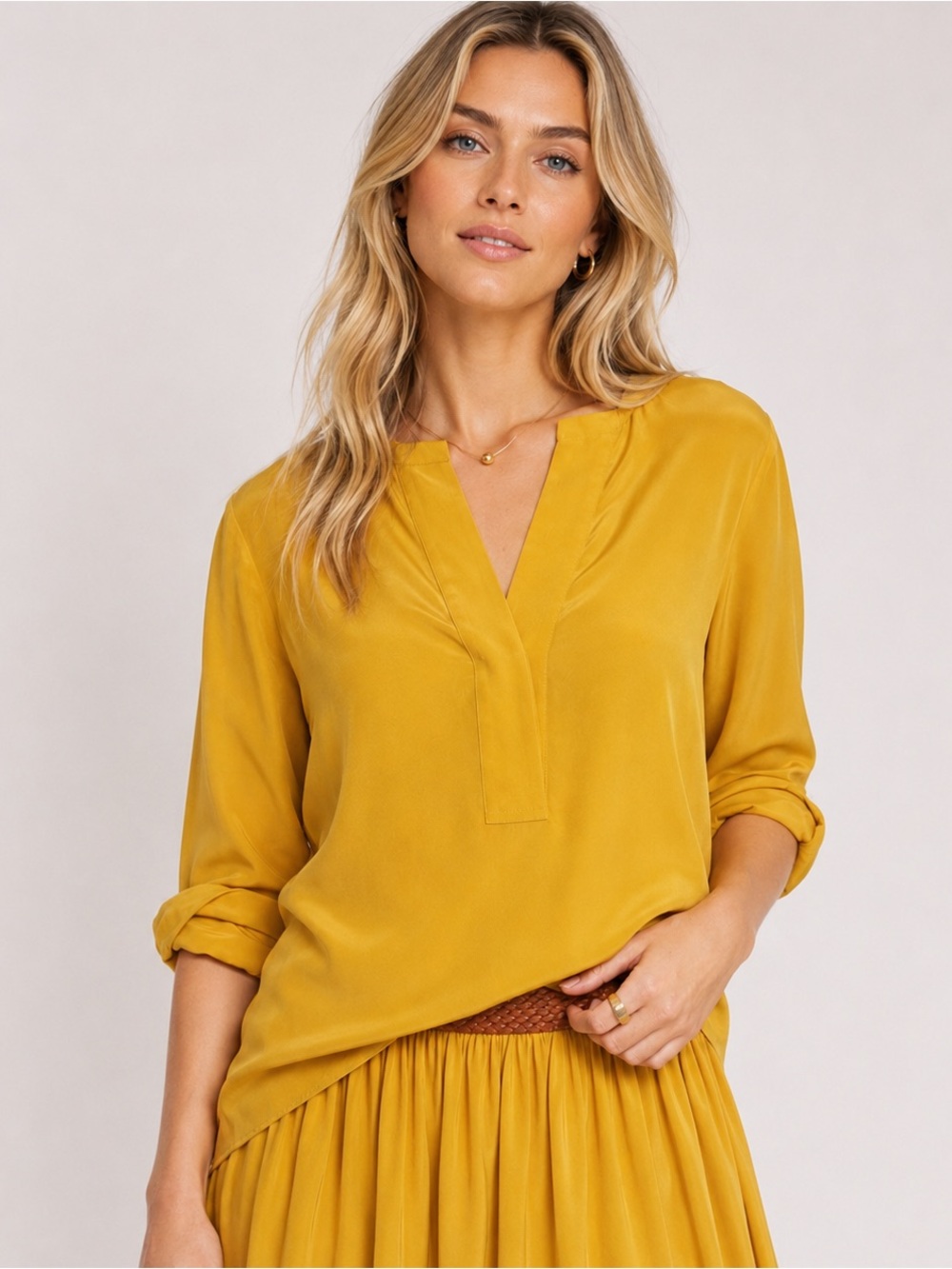 BANANA REPUBLIC 100% silk pintuck yellow tunic top Business Casual
